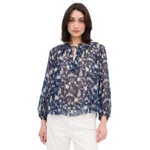 Ulla Johnson Rosine Shirt Top Blouse Womens 4 Navy Blue Floral Long Sleeve Silk
